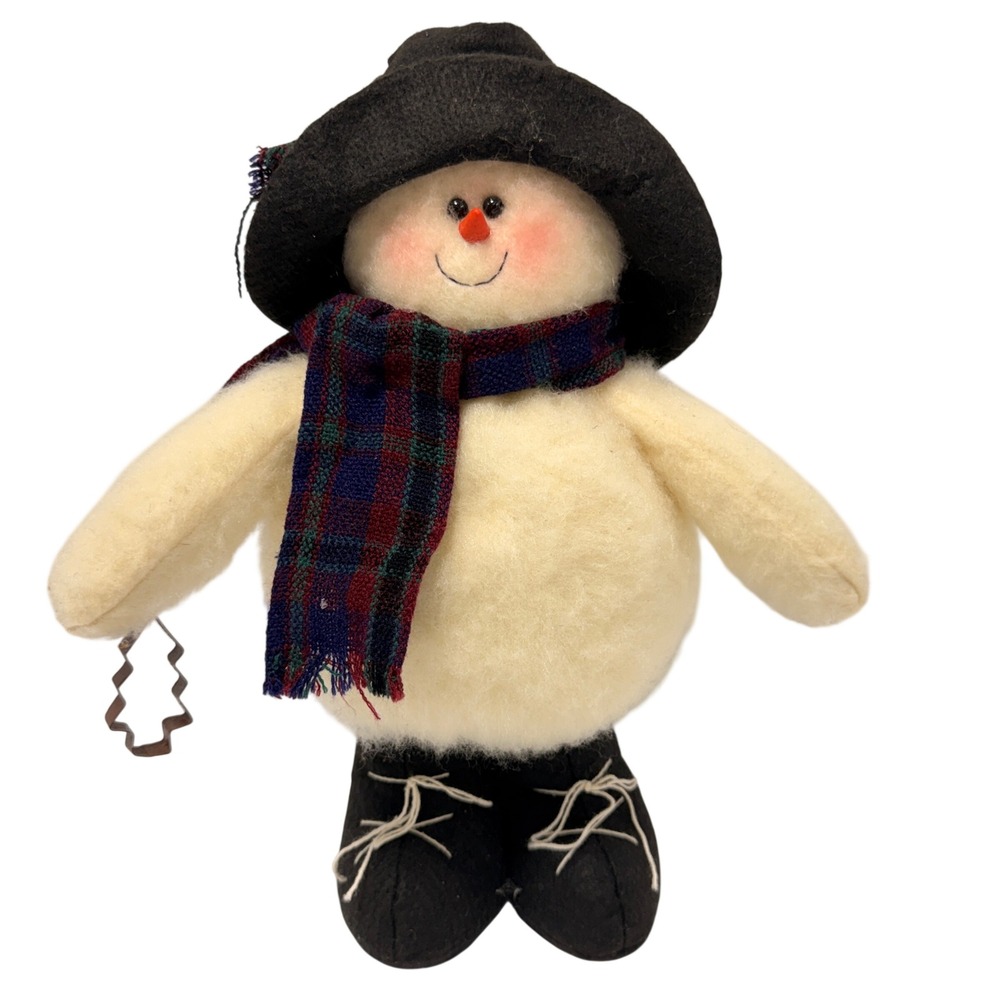 Crazy Mountain Plush Snowman Figurine Black Hat Plaid Scarf Cookie Cutter 11in